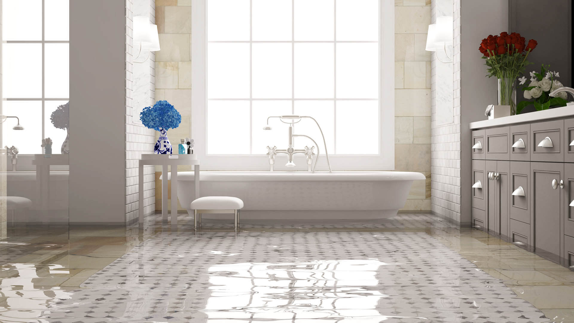 Flooded bathroom in needing emergency plumbing service.